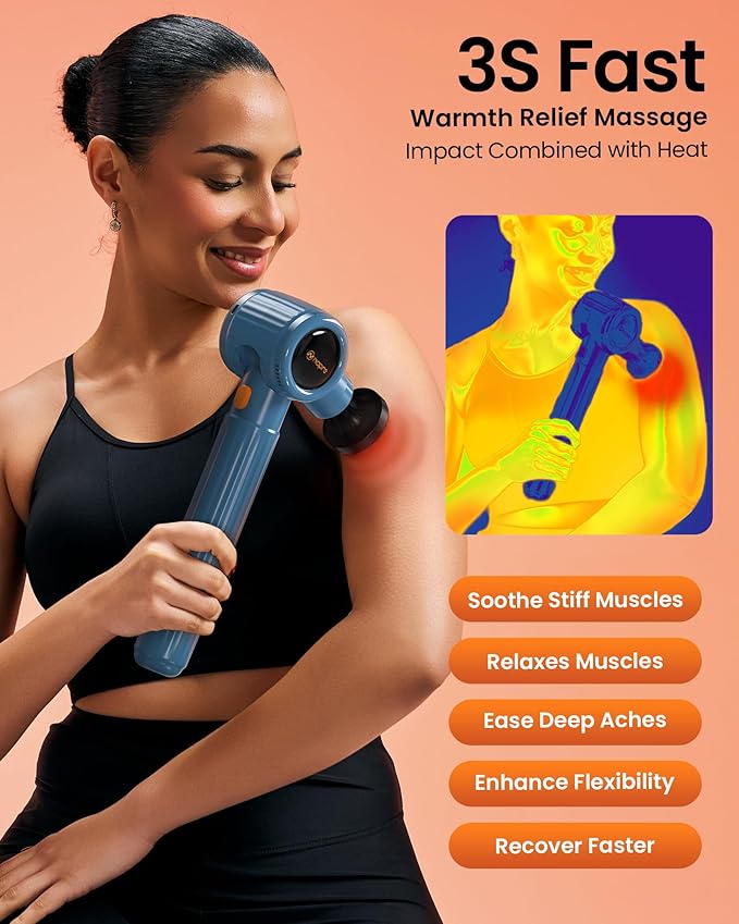NAPRE Massage Gun with Heat,Massage Gun Deep Tissue with Extension Handle & 3 Adjustable Angles,Handheld Percussion Back Massager for Muscle/Neck/Body Pain Relief with Portable Case,Blue
