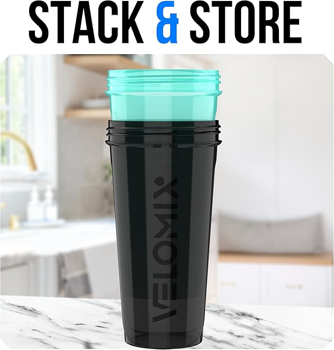 VELOMIX -2 Pack- 28 oz Protein Shaker Bottles for Protein Mixes - 2x Wire Whisk | Leak Proof Shaker Cups for Protein Shakes | Protein Shaker Bottle Pack (Black/Turquoise)