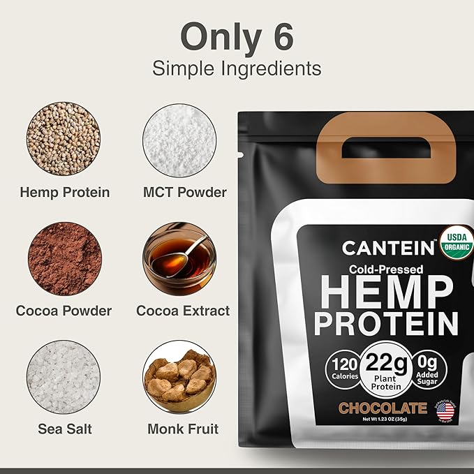 Organic Hemp Protein Powder, Plant Based and Vegan Protein Shake, Lactose and Dairy Free, Gluten Free, Clean and Natural- Chocolate (1 Serving)