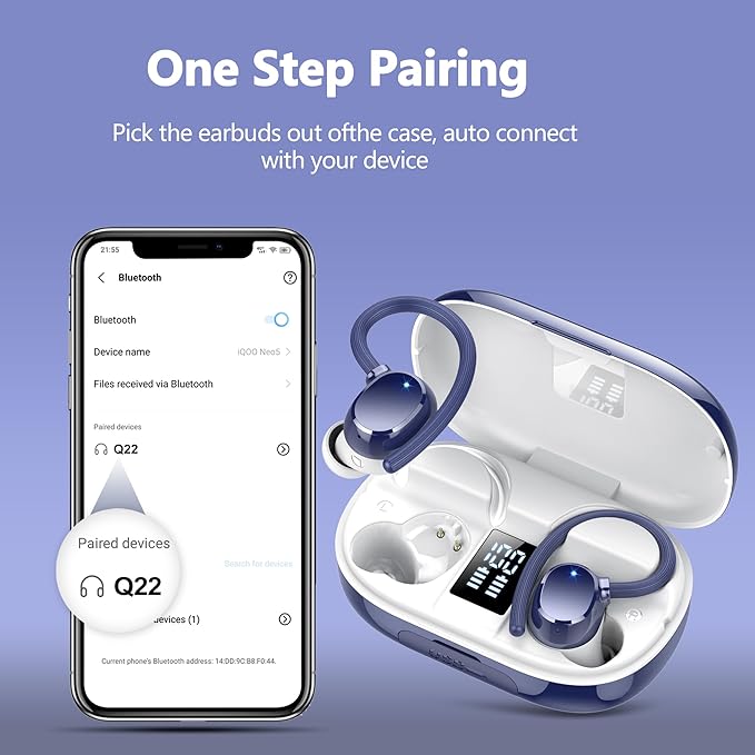 Ear Buds Wireless Earbuds Bluetooth Headphones with 128H Playtime LED Digital Display Charging Case, Over-Ear Hook with Mic, Stereo Sound, IPX7 Waterproof Earphones for Workout/Running