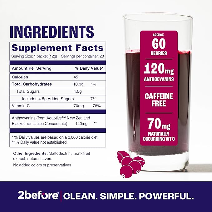 2before Blackcurrant I All Natural Vegan Pre Workout, Caffeine Free I Clean Energy, Endurance, Recovery I Pre Workout Women and Men I 20 x Individual Packets I Informed Sports Certified