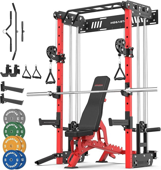 Wall Mounted Power Rack – 1600LB Capacity Compact Commercial Home Gym with Dual Cable Crossover, LAT Pulldown, Multi-Grip Pull-Up Bar & Landmine Attachment for Small Spaces, P67 Striker Red
