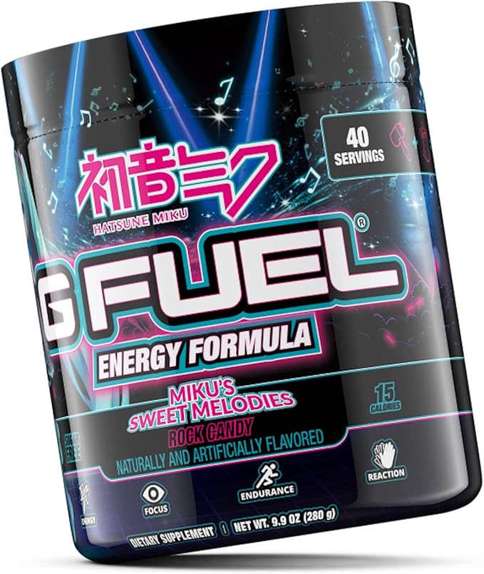 G Fuel Sweet Melodies Hatsune Miku Energy Drink Powder, Pre Workout Caffeine Mix for Gaming, Sugar Free Focus Amino, Vitamin + Antioxidants, 9.9oz (Rock Candy, 40 Servings)