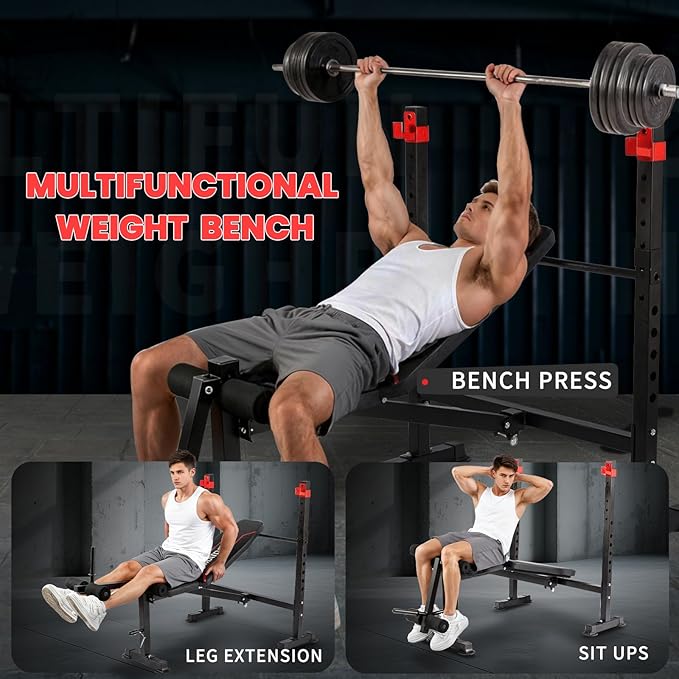 1500LBS 8 in 1 Olympic Weight Bench Set with Leg Extension/Curl and Preacher Curl, Bench Press Set and barbell Rack with Safety Bar Catches, Foldable Workout Benches for Home(US Stock)