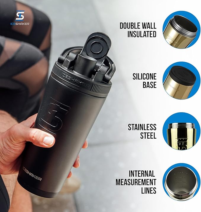 Ice Shaker Insulated Stainless Steel Shaker Bottle | 26oz, Gold | Cold for 30+ Hours | Insulated Cup with Twist-on Agitator | Odor-Free Bottle for Protein Shakes, Water, Smoothies, Cocktails