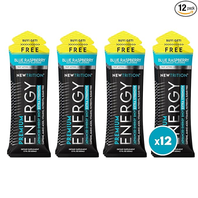 NewTrition® Extra Strength Energy Shots, 250mg Caffeine Energy Shots with Vitamin B & Amino Acids, Sugar-Free Vitamin Energy Shot, 1.7 fl oz (Pack of 12, Blue Raspberry)