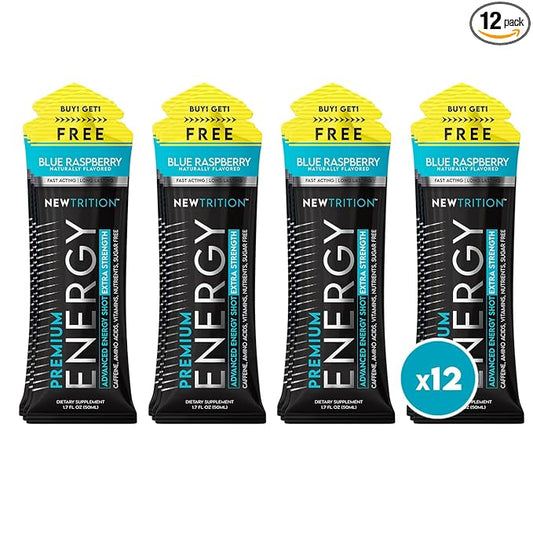 NewTrition® Extra Strength Energy Shots, 250mg Caffeine Energy Shots with Vitamin B & Amino Acids, Sugar-Free Vitamin Energy Shot, 1.7 fl oz (Pack of 12, Blue Raspberry)