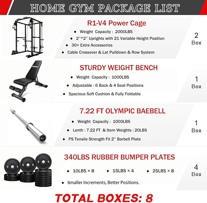 R1-V4 Power Cage Rack, 2000LB Squat Rack with Cable Crossover System, Multi-Function Weight Cage, Home Gym Workout Machine with More Training Attachments