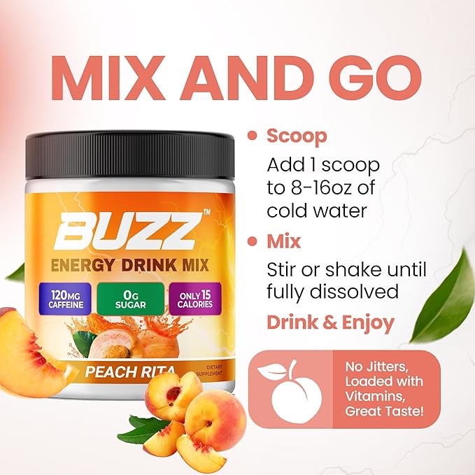 Morning Buzz Energy Drink Powder - Energy Boost Drink Mix - Sugar-Free Energy with Antioxidants - Morning Kickstart and Sports Nutrition Endurance Product - 30 Servings, Peach Rita, 8 Ounces