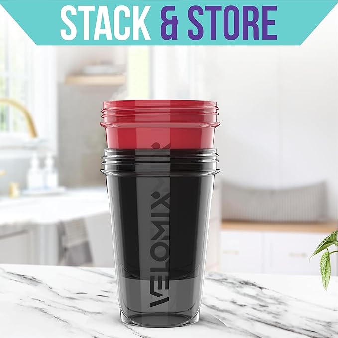 VELOMIX -2 Pack- 20 oz Protein Shaker Bottles for Protein Mixes - 2x Wire Whisk | Leak Proof Shaker Cups for Protein Shakes and Pre Workout | Protein Shaker Bottle Pack (Black/Red)