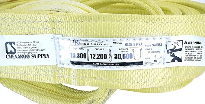 3 Ply Slings. Many Lengths in Listing! (USA Made), 4" x16' Nylon Lifting Web Sling. 15,300 lbs Vertical, 12,200 Choker, 30,600 Basket, High Capacity Eye & Eye (4" x16')
