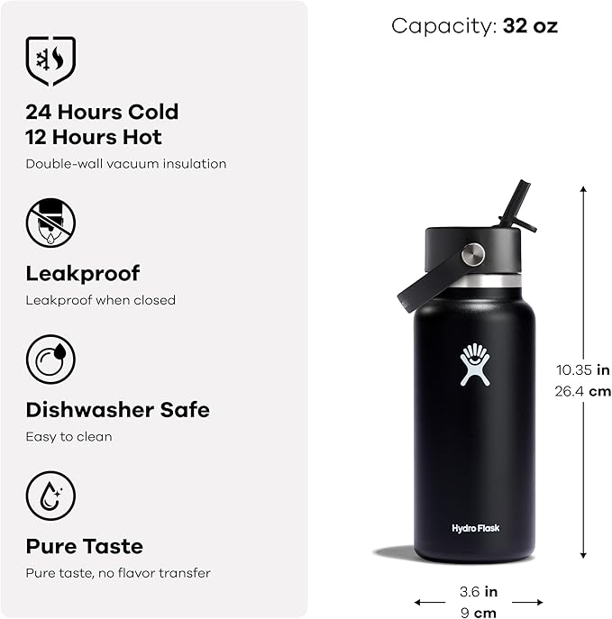 Hydro Flask Water Bottle - Insulated Stainless Steel - Wide Mouth Flex Straw Lid, Non Spill, Leakproof and Refillable in 32 Oz Jelly Pink