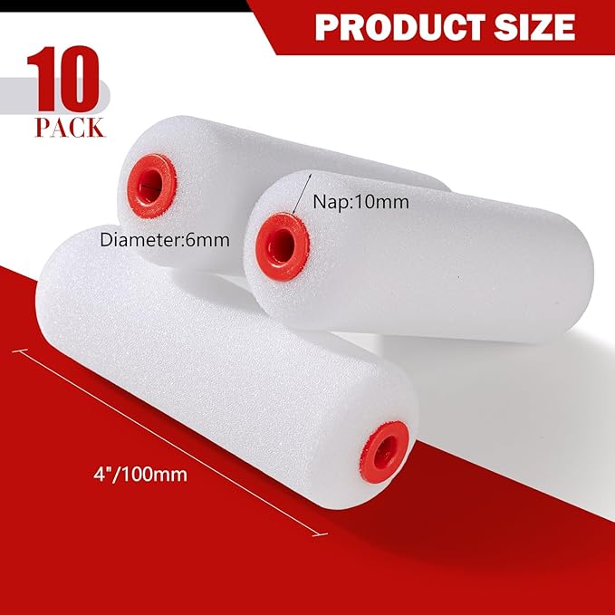 Mister Rui 4 Inch Foam Roller Covers 10-Pack, 30kg/m³ Medium Density - Washable & Reusable for Smooth Finish on Furniture, Cabinets, DIY Projects