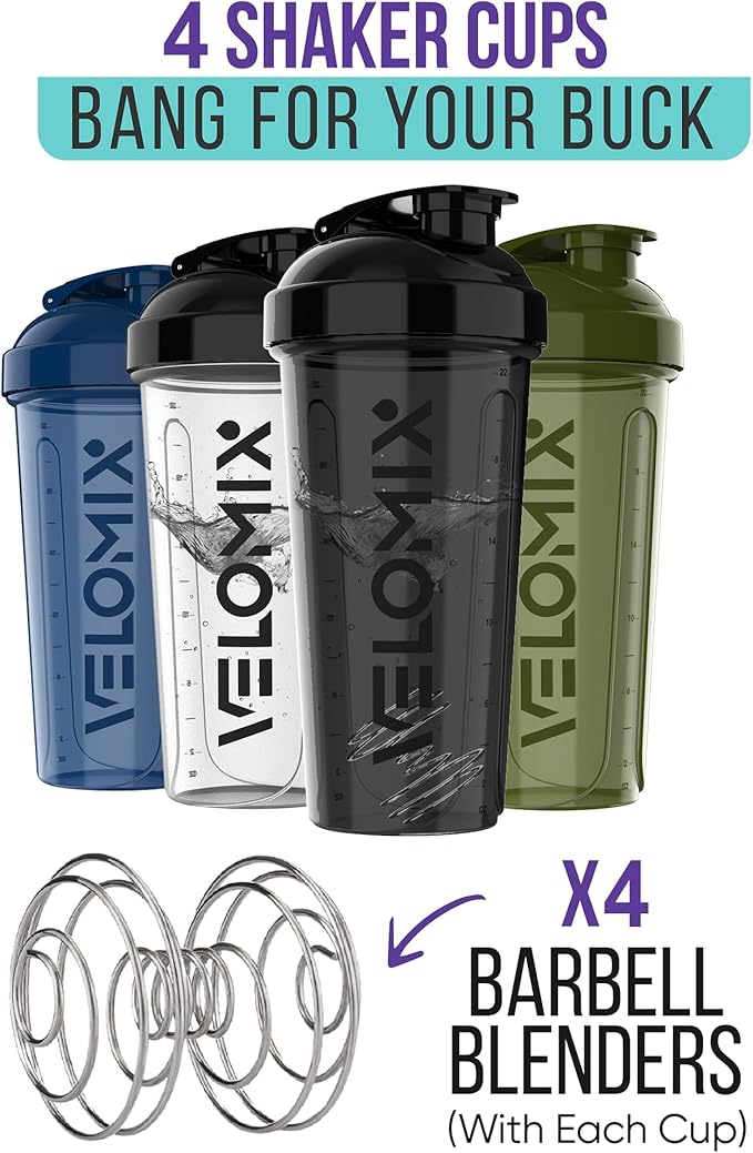 VELOMIX -4 PACK- 28 oz Protein Shaker Bottle for Protein Mixes - 4x Wire Whisk | Leak Proof Shaker Cups for Protein Shakes | Protein Shaker Bottle Pack | Protein Shake Cup (NeoCool Pack)