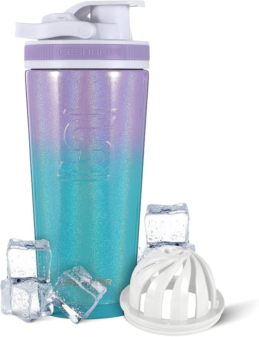 Ice Shaker Insulated Stainless Steel Shaker Bottle | 26oz, Mermaid | Cold for 30+ Hours | Insulated Cup with Twist-on Agitator | Odor-Free Bottle for Protein Shakes, Water, Smoothies, Cocktails