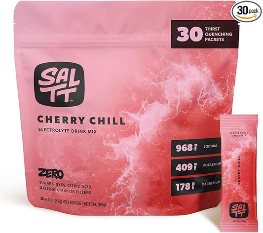 SALTT Electrolytes Powder Flavored Drink Mix - Cherry Chill - 30 Hydration Packets - Magnesium, Potassium, Sodium, Trace Minerals - Zero Sugar & Gluten Free - Travel Essentials