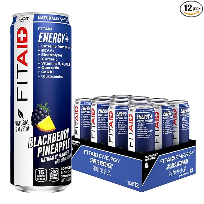 FITAID ENERGY, 200mg Natural Caffeine, Keto, Blackberry Pineapple, Omega-3s, 15 calories, Paleo, Vegan & Gluten-Free, No Artificial Sweeteners, 12-oz. cans (Pack of 12)