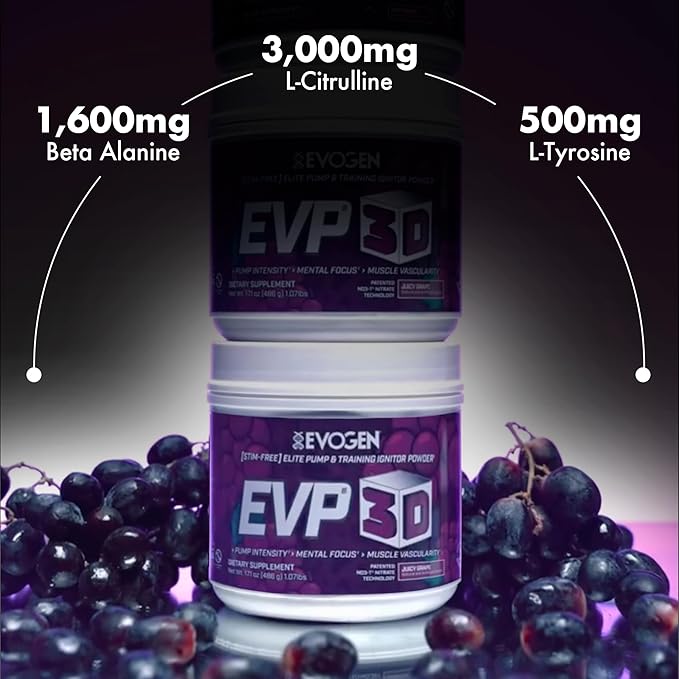 Evogen EVP 3D - Stim Free Pre Workout Powder for Men & Women | Sugar Free Non Stim Preworkout with Beta Alanine and Creatine for Energy & Pump | Juicy Grape | 40 Servings