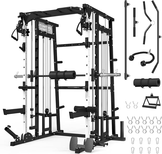 Smith Machine,2200 LBS Squat Rack for Home Gym with Dual Pulley System,Multifunctional Power Rack Cage for Strength Training with More Attachments
