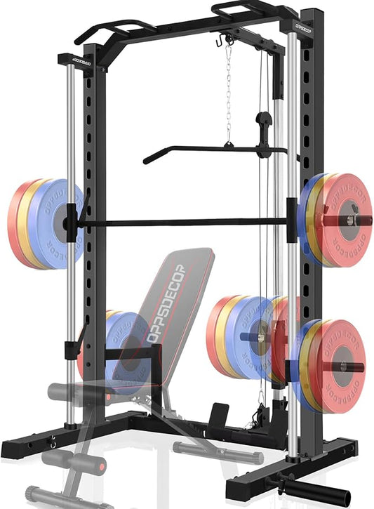 OPPSDECOR Power Cage Power Rack with LAT Pull Down Pulley System& Cable Row, Weight Cage with More Training Attachments, Multi-Functional Squat Rack for Home Gym System