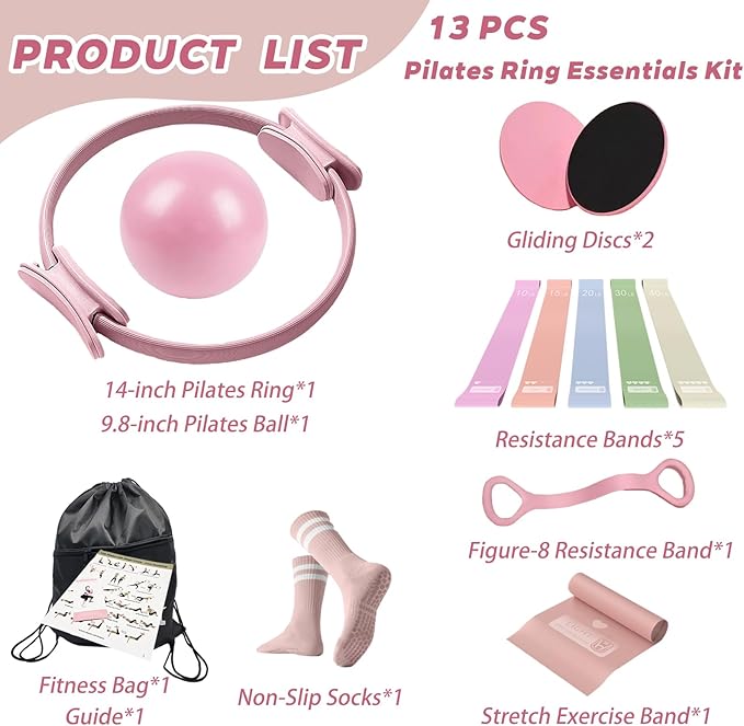 Pilates Ring Essentials Kit for Women, Styled in Soft Macaron Creams - Yoga Exercise Equipment Set for Home Workouts with Magic Circle, Mini Ball & Accessories - Fitness Ring Set for Beginners