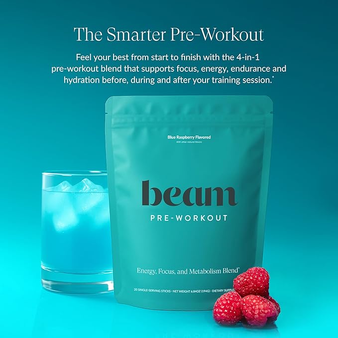 Beam Pre Workout Powder for Energy, Focus & Endurance – Natural Caffeine from PurCaf, Cognizin, Electrolytes, L-Citrulline, Beta-Alanine, L-Theanine – No Crash, Jitter-Free, 20 Serving Sticks