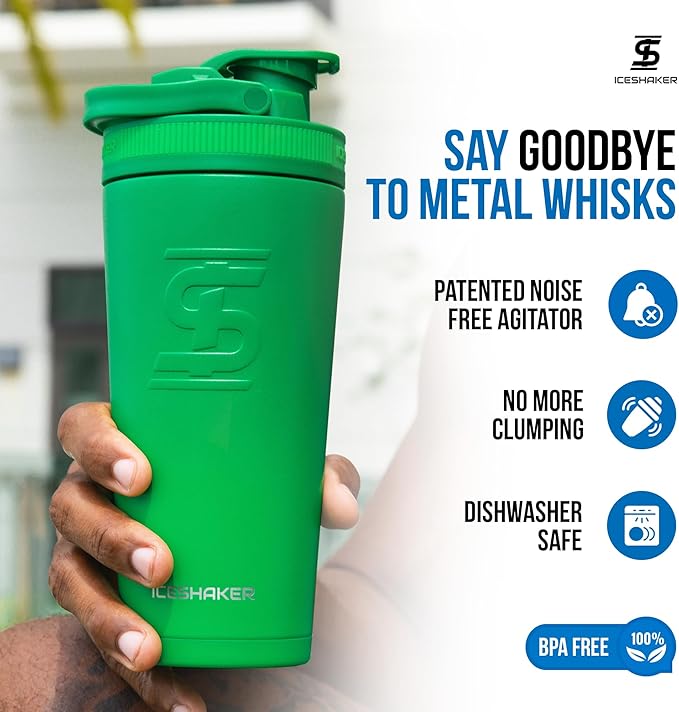 Ice Shaker Insulated Stainless Steel Shaker Bottle | 26oz, Green Color Rush | Cold for 24+ Hours | Insulated Cup with Twist-on Agitator | Odor-Free Bottle for Shakes, Water, Smoothies, Cocktails