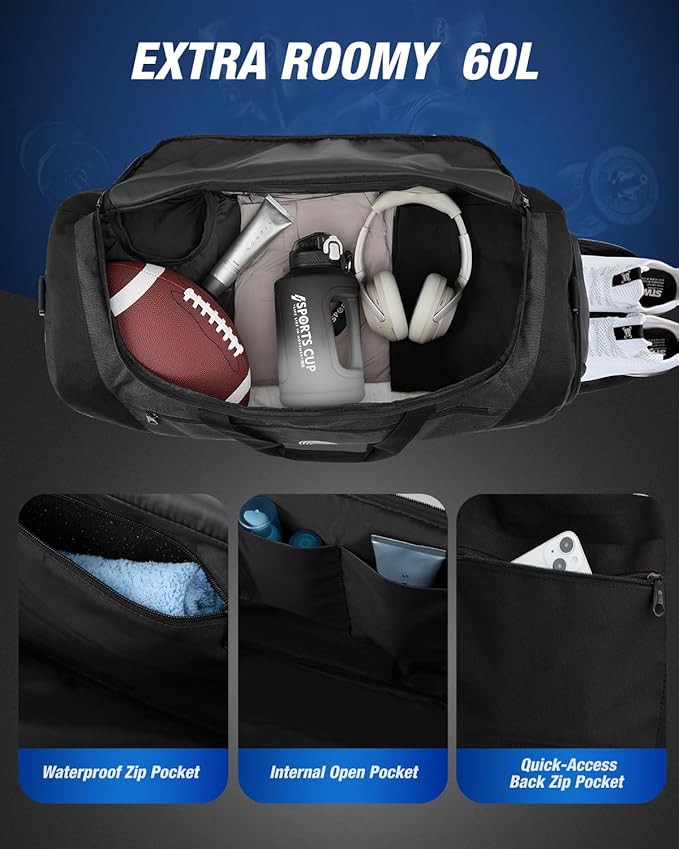Gonex Gym Duffel Bag with Shoe Compartment Wet Pocket, Large Capacity Sports Duffle Bag for Men Women, Workout & Travel Bag with Multiple Pockets, Black, Medium (60L)