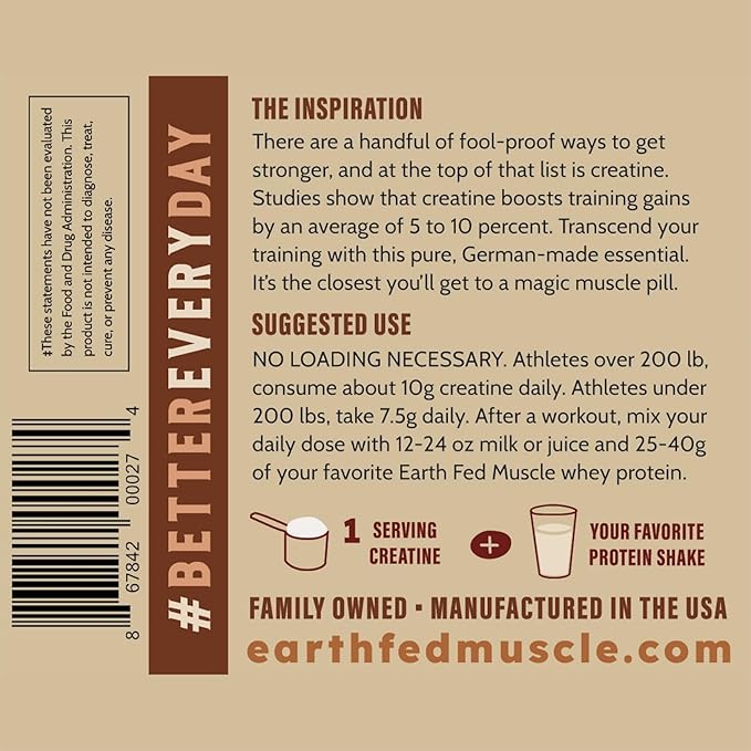 Earth Fed Muscle Transcend Creatine Monohydrate Powder – 100% German Creapure Creatine for Women | Muscle Recovery & Building, Energy Production | Unflavored 5g Serving, 60 Servings per Container