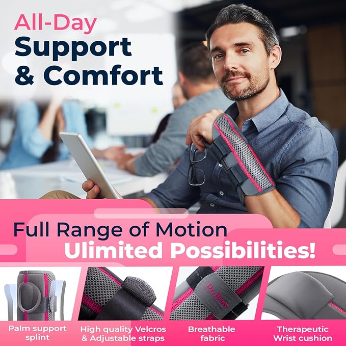 DR. BRACE Adjustable Wrist Brace Night Support for Carpal Tunnel, Doctor Developed, Upgraded with Double Splint & Therapeutic Cushion,Hand Brace for Pain Relief,Injuries,Sprains (L/XL Left Hand, Grey-Pink)
