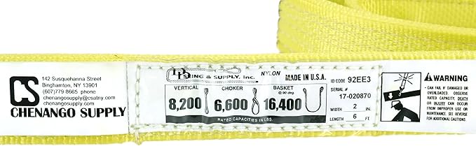 3 Ply Slings. Many Lengths in Listing! (USA Made), 2" x6' Nylon Lifting Web Sling. 8,200 lbs Vertical, 6,600 Choker, 16,400 Basket, High Capacity Eye & Eye, (2" x6')