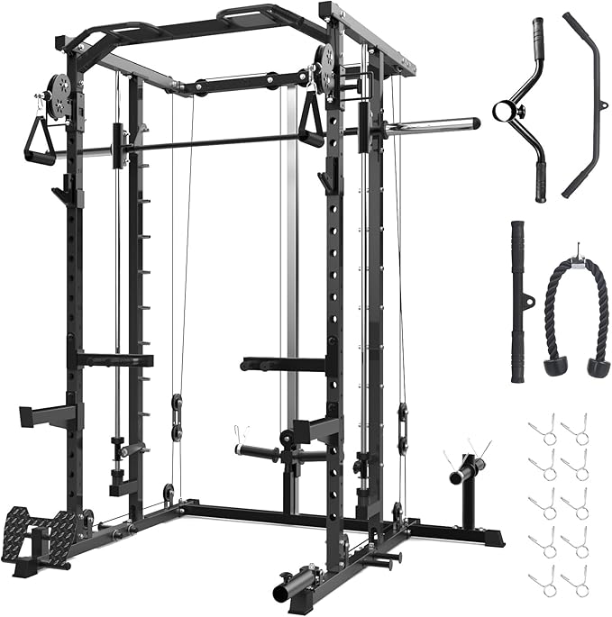 GarveeLife Power Cage, Smith Machine Squat Rack, Heavy Duty Power Rack for Home Gym with Pulley System, Dip Bar, LAT Pulldown, Multifunctional Squat Rack for Home Gym