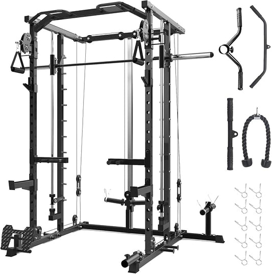 GarveeLife Power Cage, Smith Machine Squat Rack, Heavy Duty Power Rack for Home Gym with Pulley System, Dip Bar, LAT Pulldown, Multifunctional Squat Rack for Home Gym
