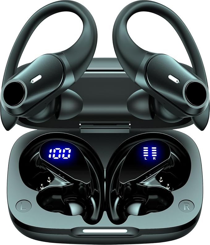 GOLREX Active Noise Cancelling Ear Buds Wireless Earbuds Bluetooth Headphones with 80H Playtime LED Display Charging Case, Over Ear Earphones with Hooks for Sports Running Gym Workout Black