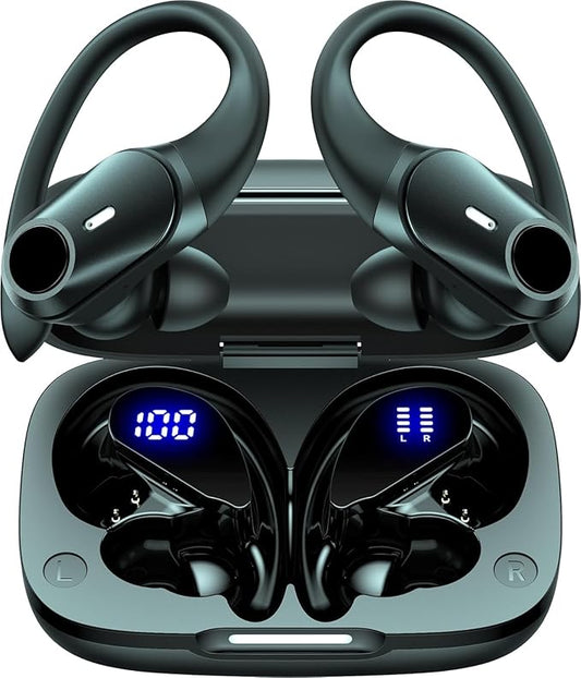 GOLREX Active Noise Cancelling Ear Buds Wireless Earbuds Bluetooth Headphones with 80H Playtime LED Display Charging Case, Over Ear Earphones with Hooks for Sports Running Gym Workout Black