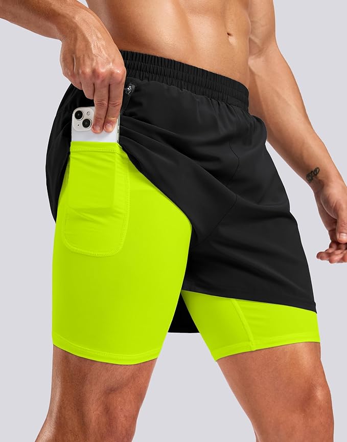 Pudolla Men's 7" Running Shorts with Zipper Pockets Quick Dry 2 in 1 Workout Gym Shorts with Liner for Tennis Yoga Training