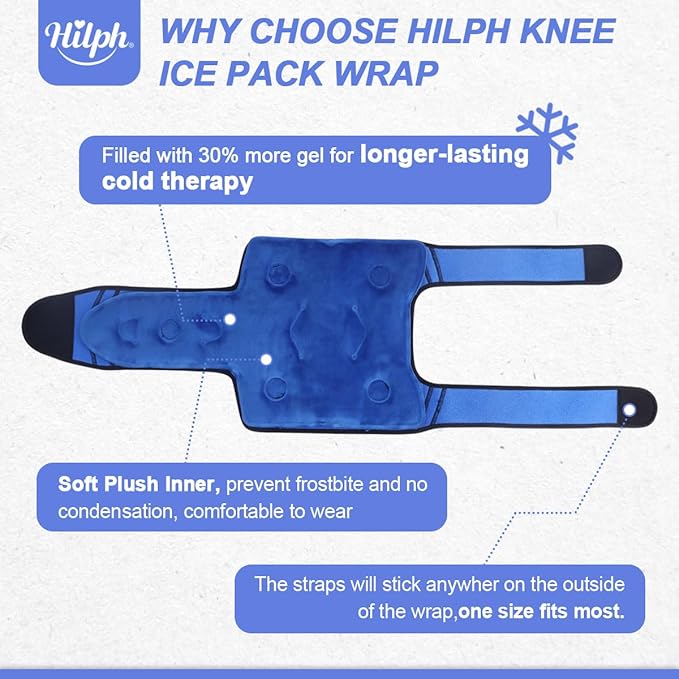 Hilph XL Ice Pack with Cold Compression for Knee Pain Relief, Adjustable Knee Brace Ice Pack Wrap for Replacement Surgery, Arthritis Pain, ACL, Sports Injuries, Meniscus Tear Blue