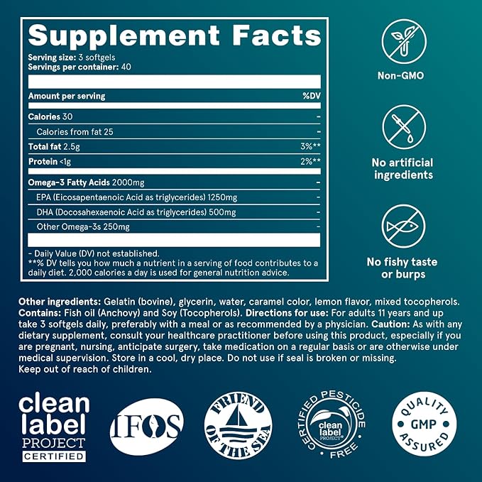 Puori Omega 3 Fish Oil Supplement - Ultra Pure & Burpless Wild Caught Fish Oil with 2000mg Omega 3 Fatty Acids,1250mg EPA & 500mg DHA Supports Heart, Brain & Eye Health - IFOS Certified - 240 Softgels