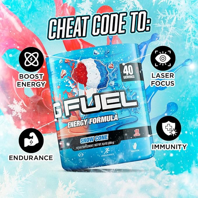 G Fuel Snow Cone Energy Drink Powder, Pre Workout Caffeine Mix for Gaming, Sugar Free Focus Amino, Vitamin + Antioxidants, 9.9oz (Snow Cone, 40 Servings)