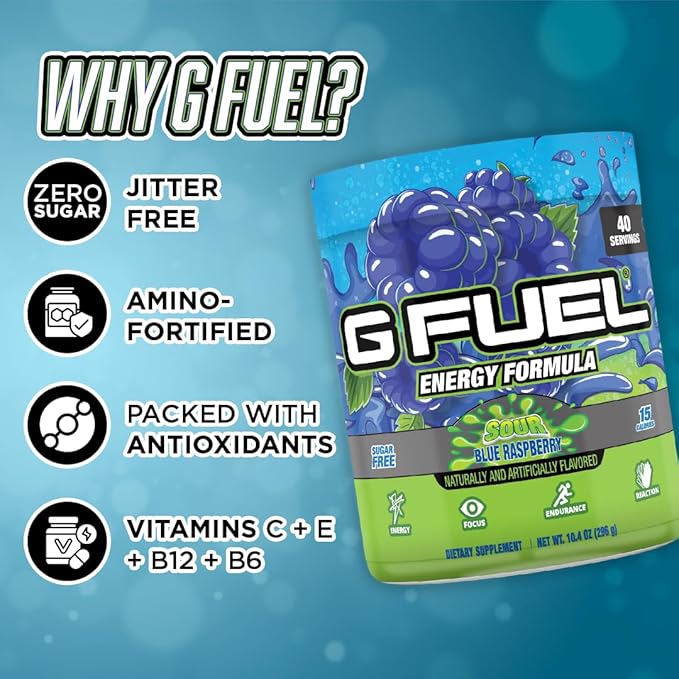 G Fuel Chug Rug Energy Drink Powder, Pre Workout Caffeine Mix for Gaming, Sugar Free Focus Amino, Vitamin + Antioxidants, 10.44oz (Sour Blue Raspberry, 40 Servings)