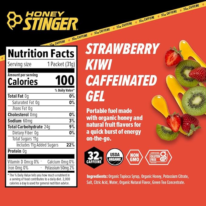 Honey Stinger Organic Strawberry Kiwi Energy Gel, Caffeinated & Gluten Free, for Exercise, Running and Performance, Sports Nutrition for Home & Gym, Pre and Mid Workout, 12 Pack, 13.2 Ounce