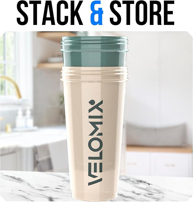 VELOMIX -2 Pack- 28 oz Protein Shaker Bottles for Protein Mixes - 2x Wire Whisk | Leak Proof Shaker Cups for Protein Shakes | Protein Shaker Bottle Pack | Shakers for Protein Shakes-Blue&Beige
