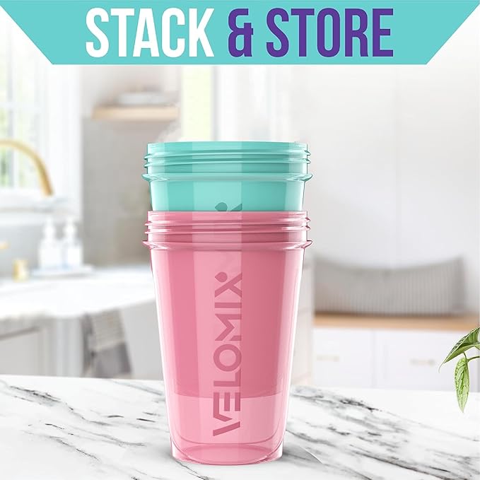 VELOMIX -2 Pack- 20 oz Protein Shaker Bottles for Protein Mixes - 2x Wire Whisk | Leak Proof Shaker Cups for Protein Shakes and Pre Workout | Protein Shaker Bottle Pack (Pink/Turquoise)