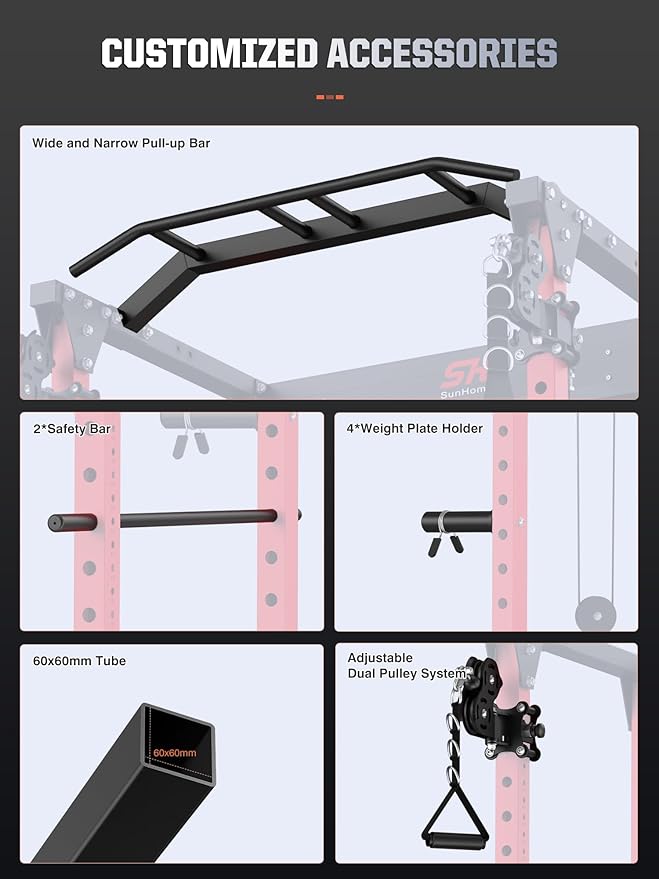 SunHome Power Cage Squat Rack, Multi-Functional Power Rack with Adjustable Cable Crossover System, J-Hooks, Dip Handles, Weight Plate Storage