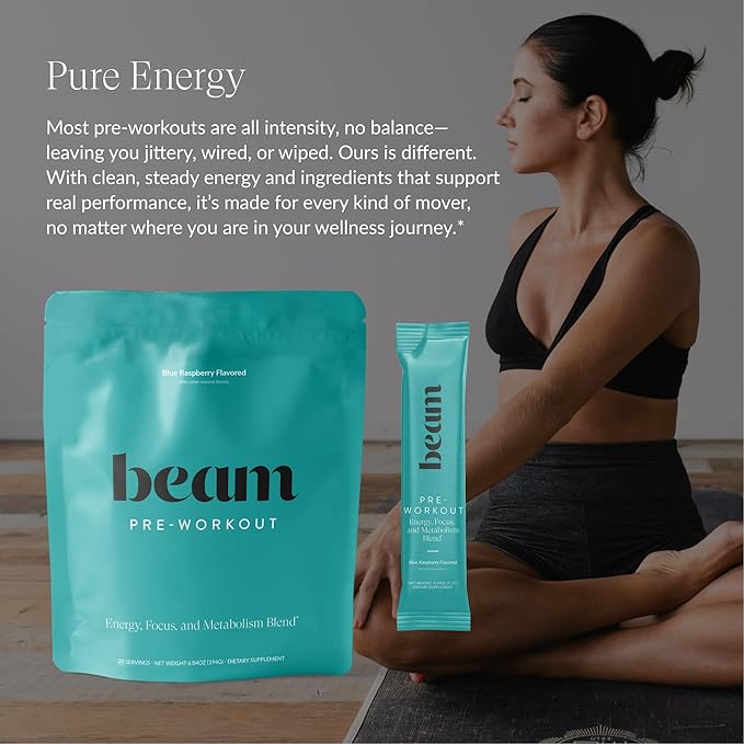 Beam Pre Workout Powder for Energy, Focus & Endurance – Natural Caffeine from PurCaf, Cognizin, Electrolytes, L-Citrulline, Beta-Alanine, L-Theanine – No Crash, Jitter-Free, 20 Serving Sticks