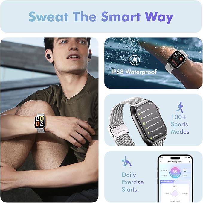 YMS Android Smart Watch for Women - Bluetooth Call,Compatible with Android & iOS,2.0" HD, Heart Rate/Sleep/Step Tracker, 100+ Sports Modes,IP68 Waterproof Men Fitness Tracker (Silver(Milanese))