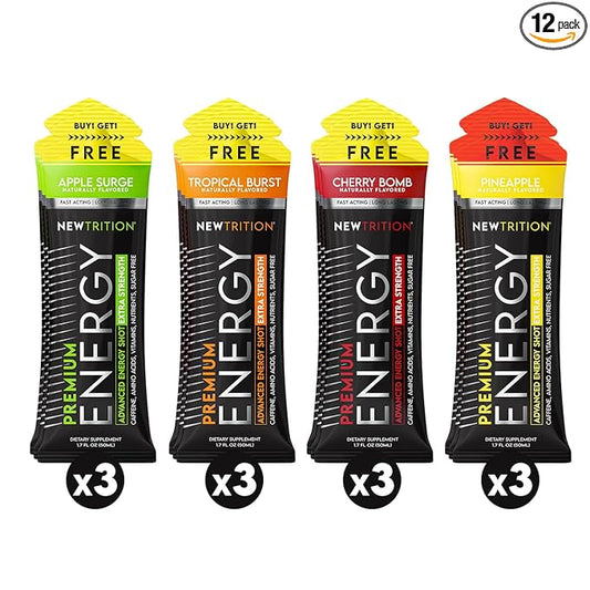 NewTrition® Extra Strength Energy Shots, 250mg Caffeine Energy Shots with Vitamin B & Amino Acids, Sugar-Free Vitamin Energy Shot, 1.7 fl oz (Pack of 12, 4 Flavors - Mixed 2)