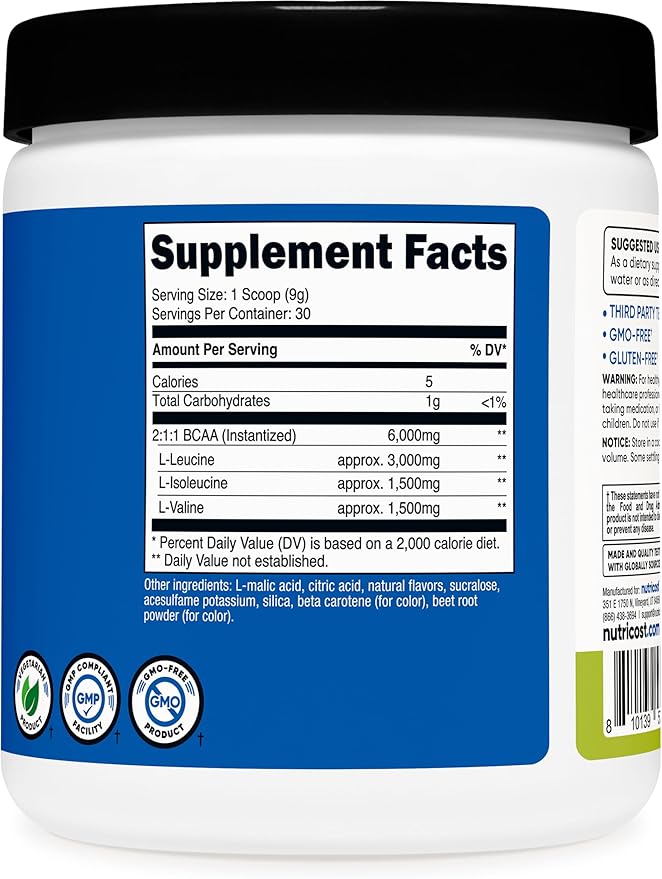 Nutricost BCAA Powder 2:1:1 (Peach Pear, 30 Servings) - Branched Chain Amino Acids