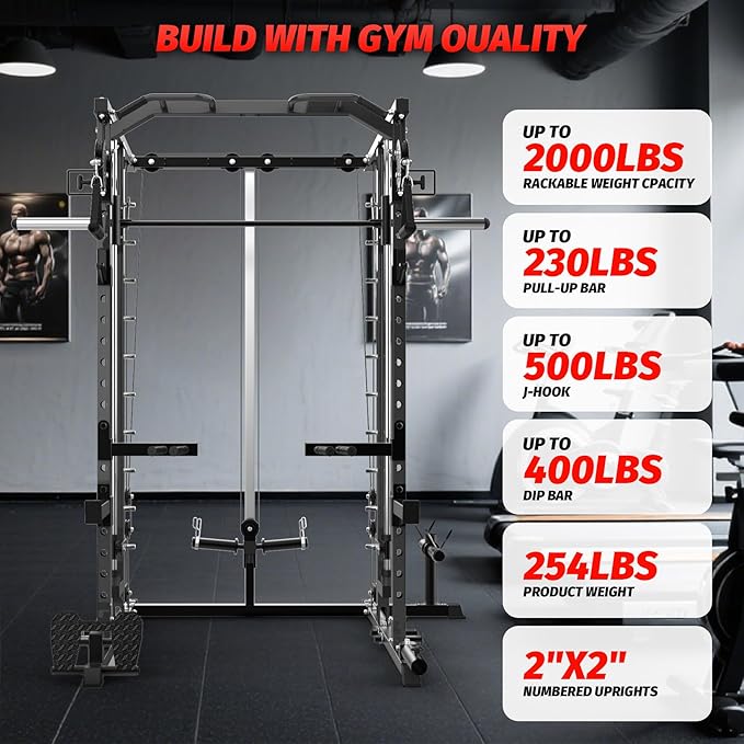 GarveeLife Power Cage, Smith Machine Squat Rack, Heavy Duty Power Rack for Home Gym with Pulley System, Dip Bar, LAT Pulldown, Multifunctional Squat Rack for Home Gym