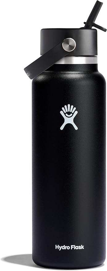 Hydro Flask Water Bottle - Insulated Stainless Steel - Wide Mouth Flex Straw Lid, Non Spill, Leakproof and Refillable in 40 Oz Black
